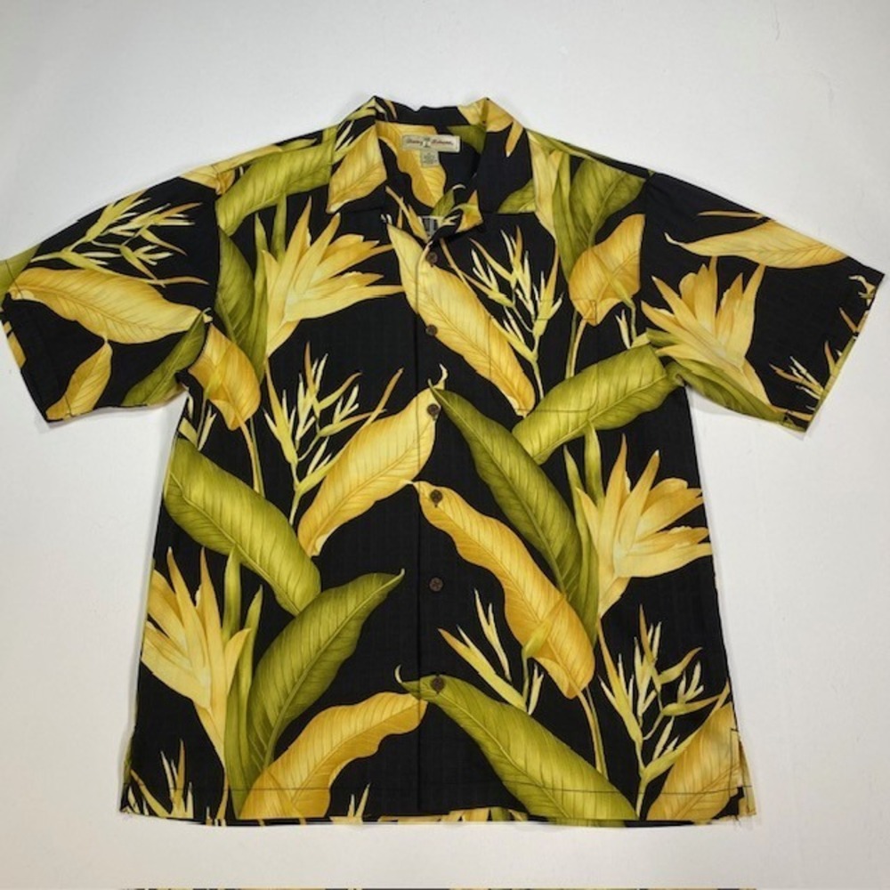 Tommy Bahama Mens Silk Hawaiian Shirt Black Bird of Paradise Print Button Down M